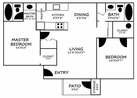 Saguaro Villas 2 bedroom 2 bathroom apartments for rent floor plan Tucson, AZ